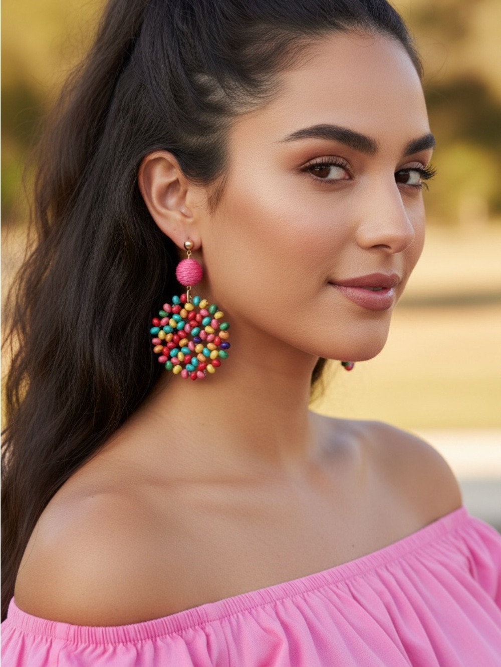 Handmade Boho Wood Bead & Raffia Statement Summer Earrings Eclectic Whimsical - Picture 1 of 6